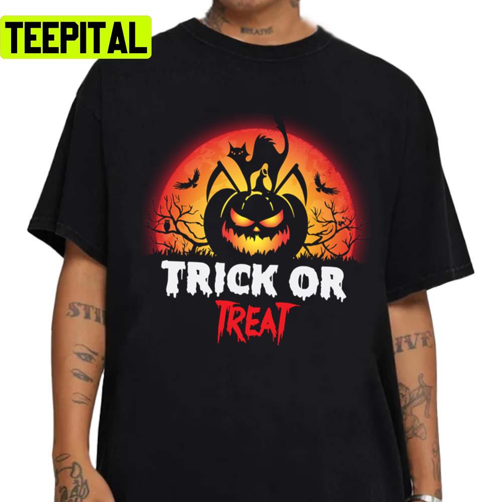 Scary Black Cat Trick Or Treat Halloween Illustration Unisex Sweatshirt Scary Black Cat Trick Or Treat Halloween Illustration Unisex Sweatshirt