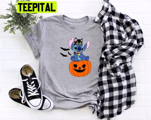 Stitch Balck Cat And Pumpkin HalloweenTrending Unisex Shirt