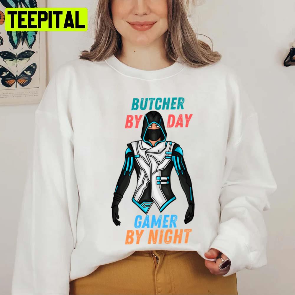 The Iconic Design Butcher By Day Gamer By Night Funny Gaming Unisex T-Shirt The Iconic Design Butcher By Day Gamer By Night Funny Gaming Unisex T-Shirt