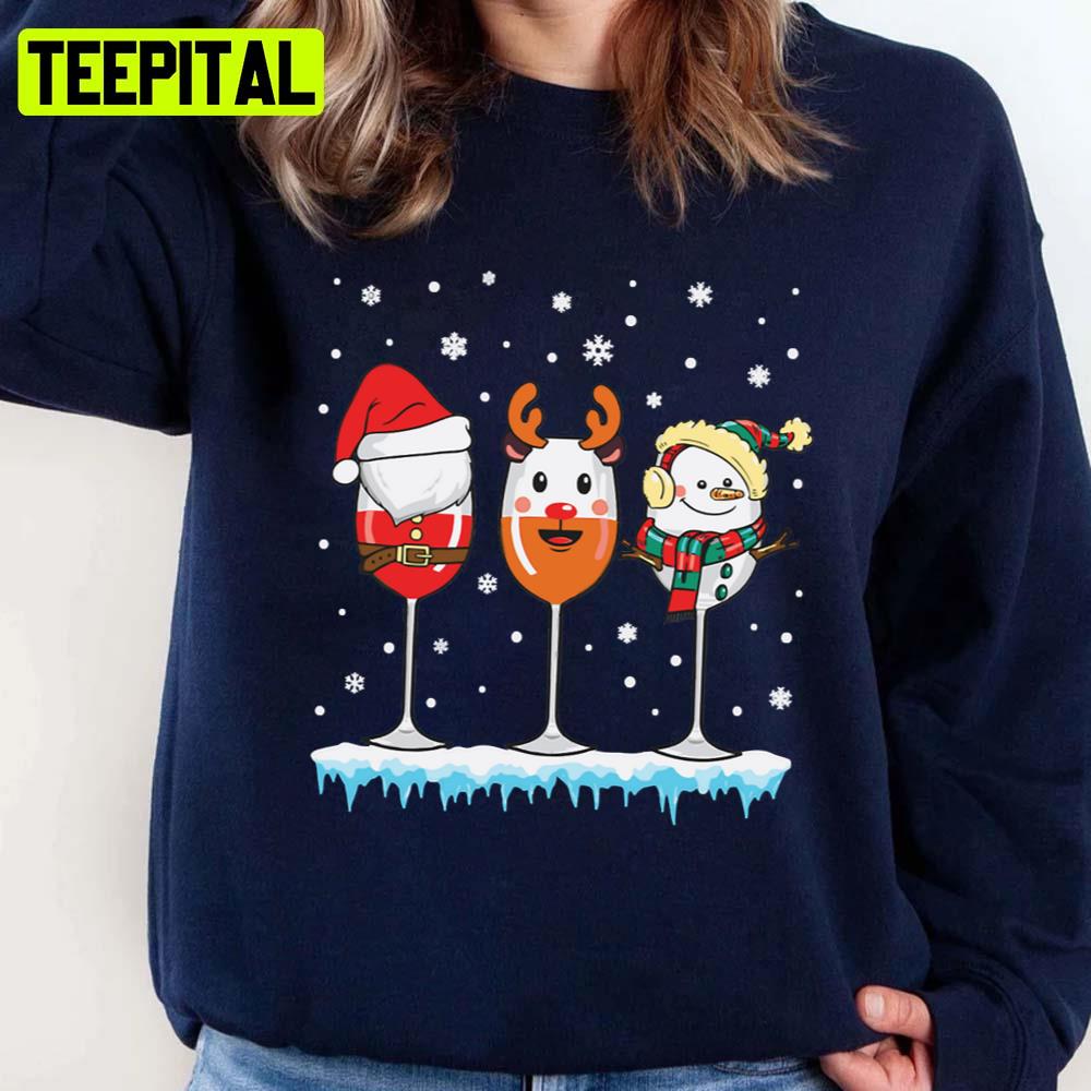Three Glasses Of Wine Santa Hat Snowman Reindeer Design Unisex Sweatshirt Three Glasses Of Wine Santa Hat Snowman Reindeer Design Unisex Sweatshirt