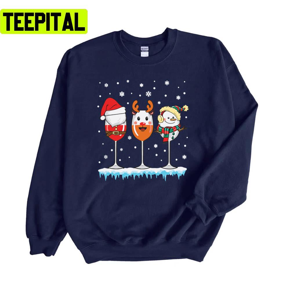 Three Glasses Of Wine Santa Hat Snowman Reindeer Design Unisex Sweatshirt Three Glasses Of Wine Santa Hat Snowman Reindeer Design Unisex Sweatshirt