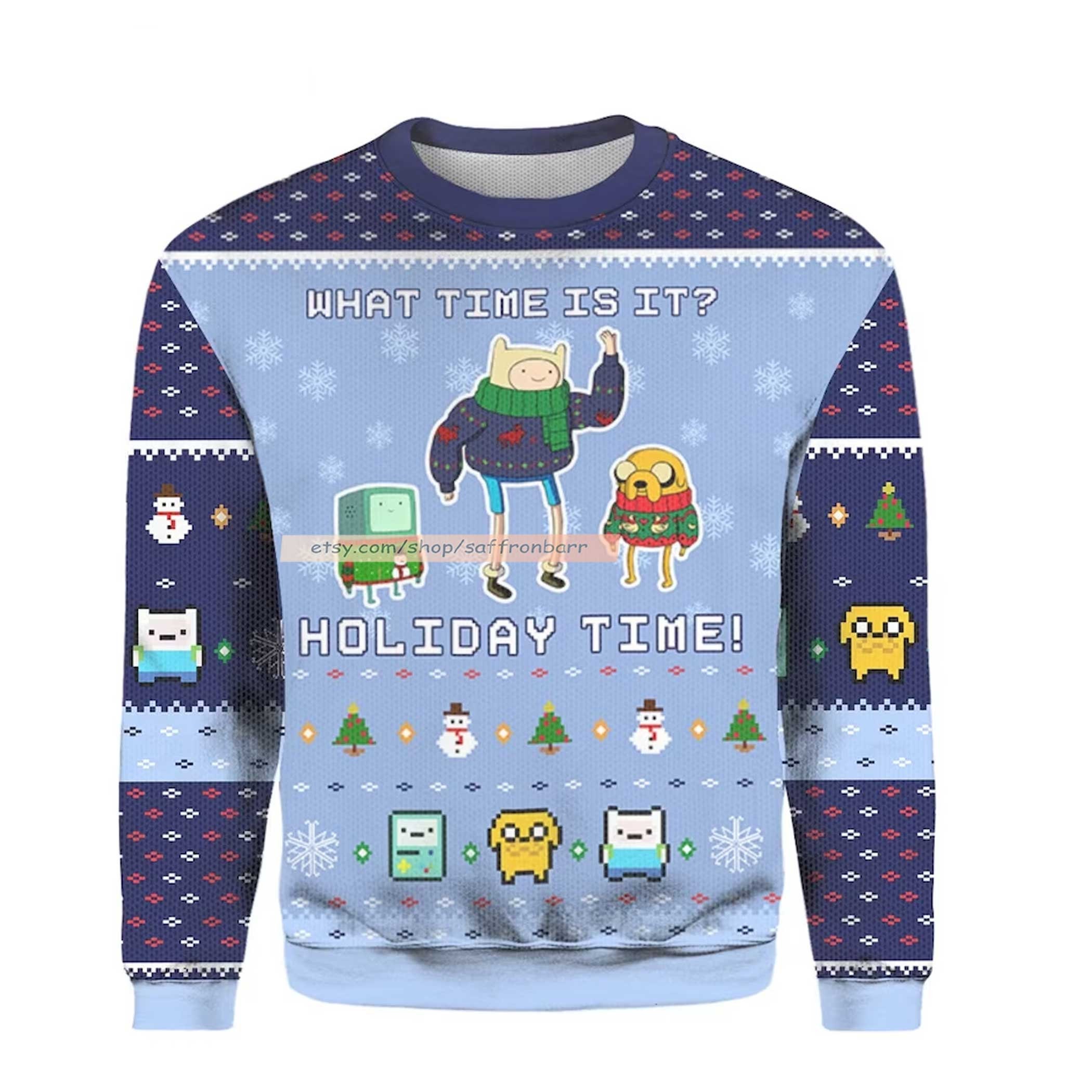 Adventure Time Christmas Time What Time Is It Holiday Time Ugly 3D Sweater Adventure Time Christmas Time What Time Is It Holiday Time Ugly 3D Sweater
