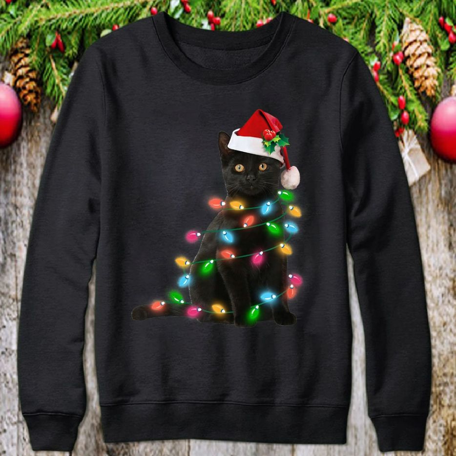 Black Cat Christmas Light Funny Cat Lover Sweatshirt Black Cat Christmas Light Funny Cat Lover Sweatshirt