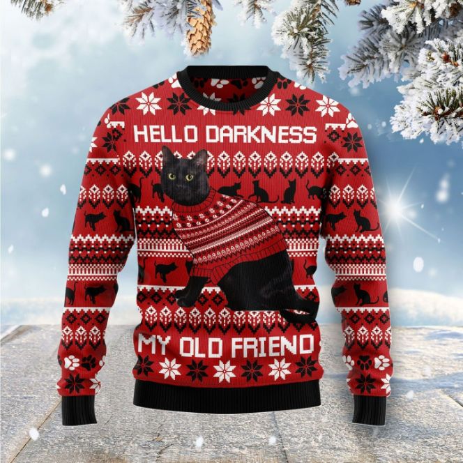 Black Cat Hello Darkness My Old Friend Unisex 3D Ugly Christmas Sweater Black Cat Hello Darkness My Old Friend Unisex 3D Ugly Christmas Sweater