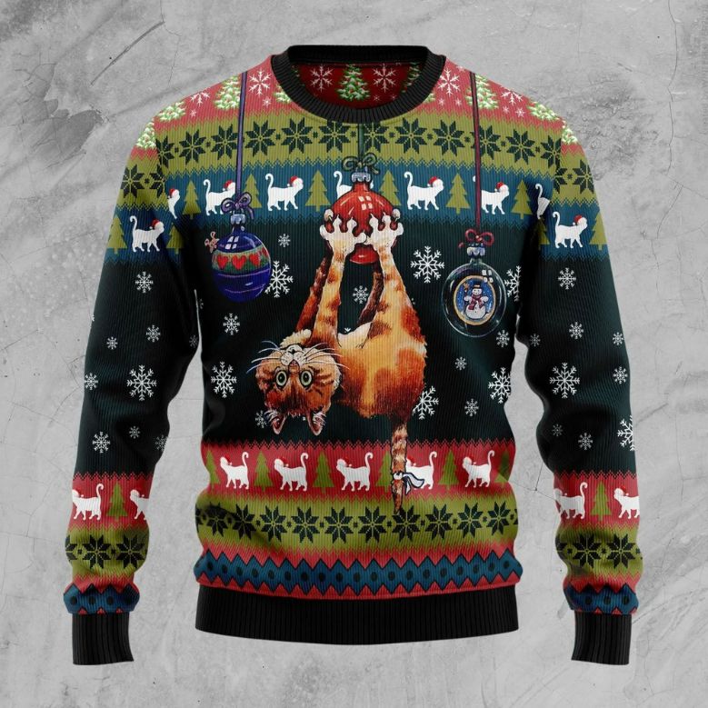 Cat Hanging on Xmas Tree Ugly 3D Christmas Sweater Cat Hanging on Xmas Tree Ugly 3D Christmas Sweater
