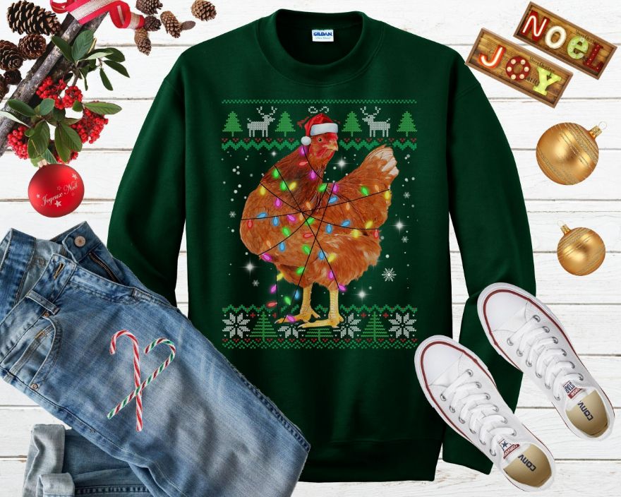 Chicken Santa Hat Christmas Lights Ugly Sweater Chicken Santa Hat Christmas Lights Ugly Sweater