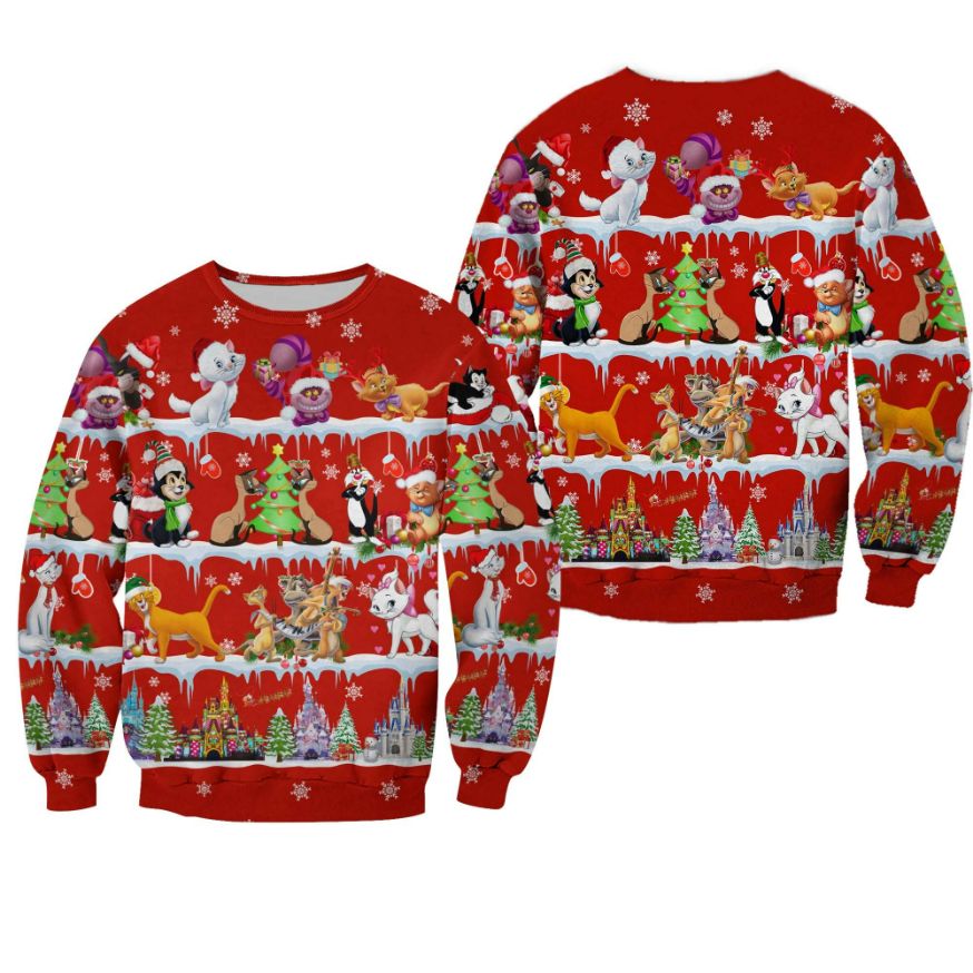 Disney Cats Pattern Xmas Red 2022 Christmas Disney Graphic Cartoon 3D Sweater Disney Cats Pattern Xmas Red 2022 Christmas Disney Graphic Cartoon 3D Sweater