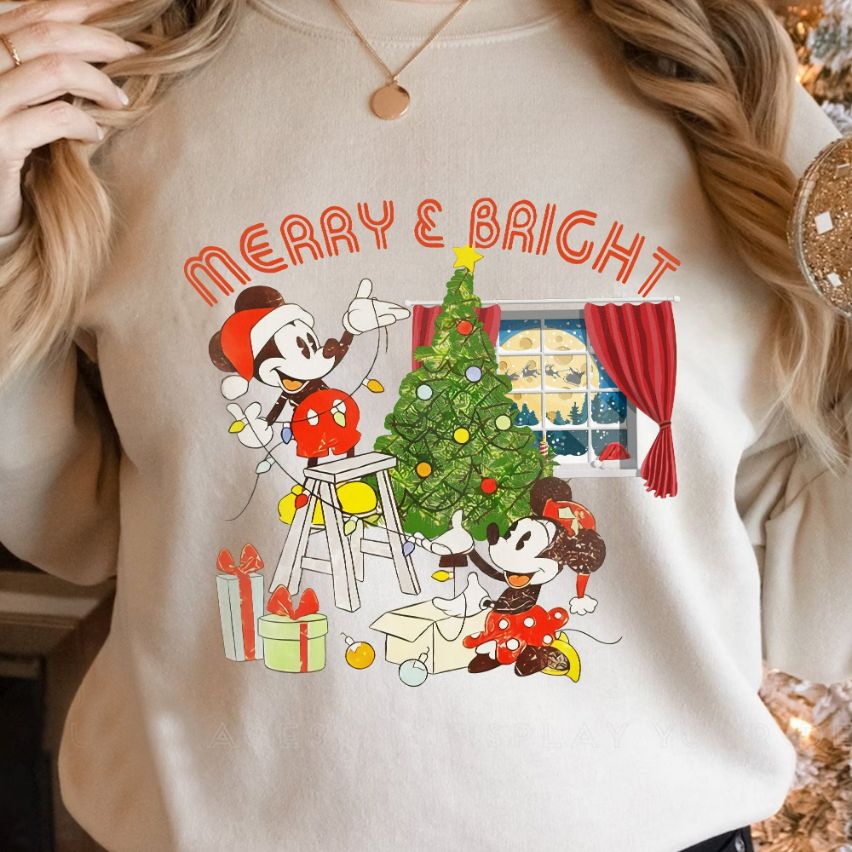 Disney Mickey and Minnie Mouse Christmas Tree Lights Sweatshirt Disney Mickey and Minnie Mouse Christmas Tree Lights Sweatshirt