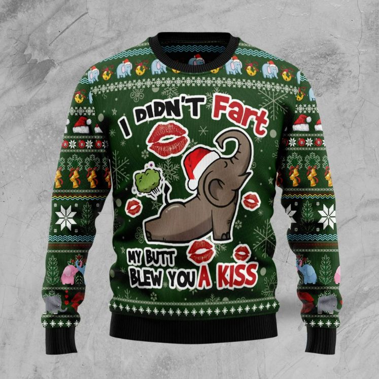 Elephant I Didn’t Fart My Butt Blew You A Kiss Ugly 3D Christmas Sweater Elephant I Didn’t Fart My Butt Blew You A Kiss Ugly 3D Christmas Sweater