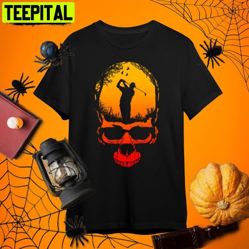 Golf Gothic Golfer Dad Skeleton Skull Red Sunset Single Dad Halloween Retro Art Unisex T-Shirt