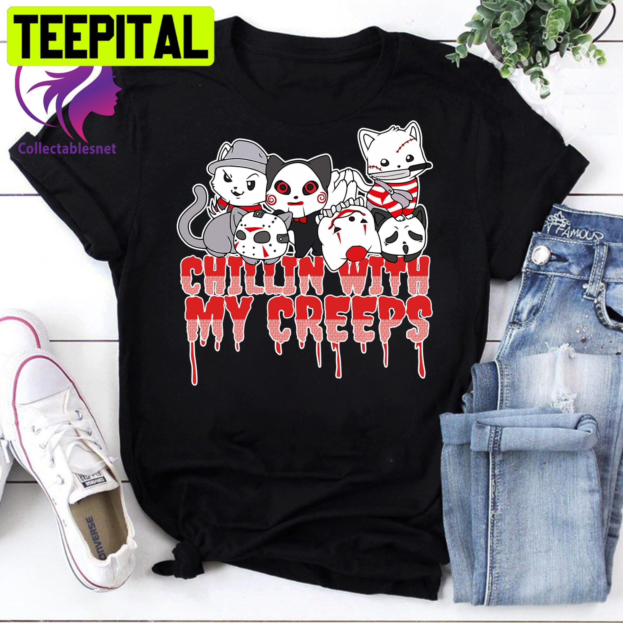 Horror Cats Chillin' With My Creeps Vintage Trending Unisex T-Shirt Horror Cats Chillin' With My Creeps Vintage Trending Unisex T-Shirt