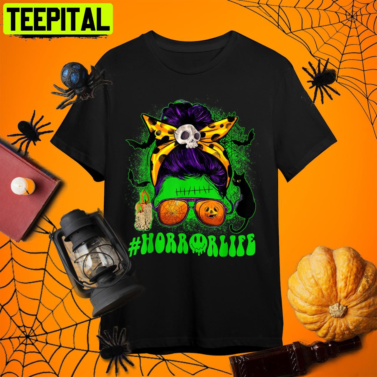 Horror Life Halloween Horror Movie Momster Messy Bun Skull Retro Art Unisex T-Shirt Horror Life Halloween Horror Movie Momster Messy Bun Skull Retro Art Unisex T-Shirt
