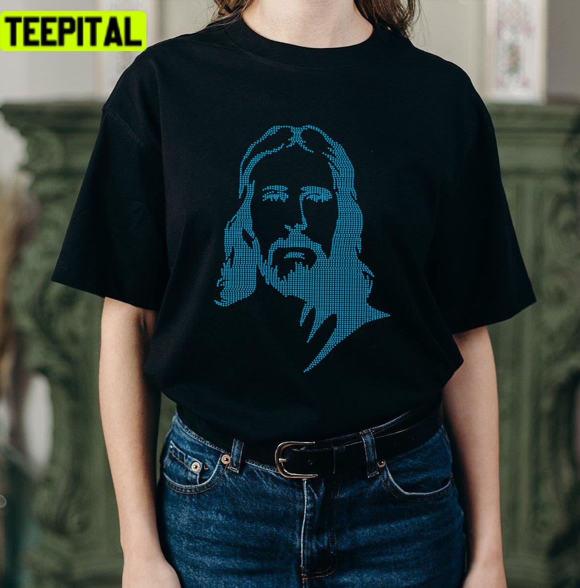 Jesus Portrait With Blue Hearts Jesus Face Unisex T-Shirt Jesus Portrait With Blue Hearts Jesus Face Unisex T-Shirt