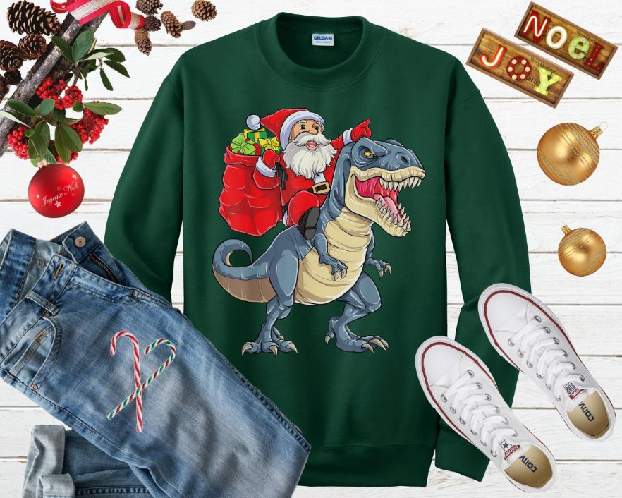 Santa Claus Riding Dinosaur T-Rex Ugly Christmas Sweater Santa Claus Riding Dinosaur T-Rex Ugly Christmas Sweater