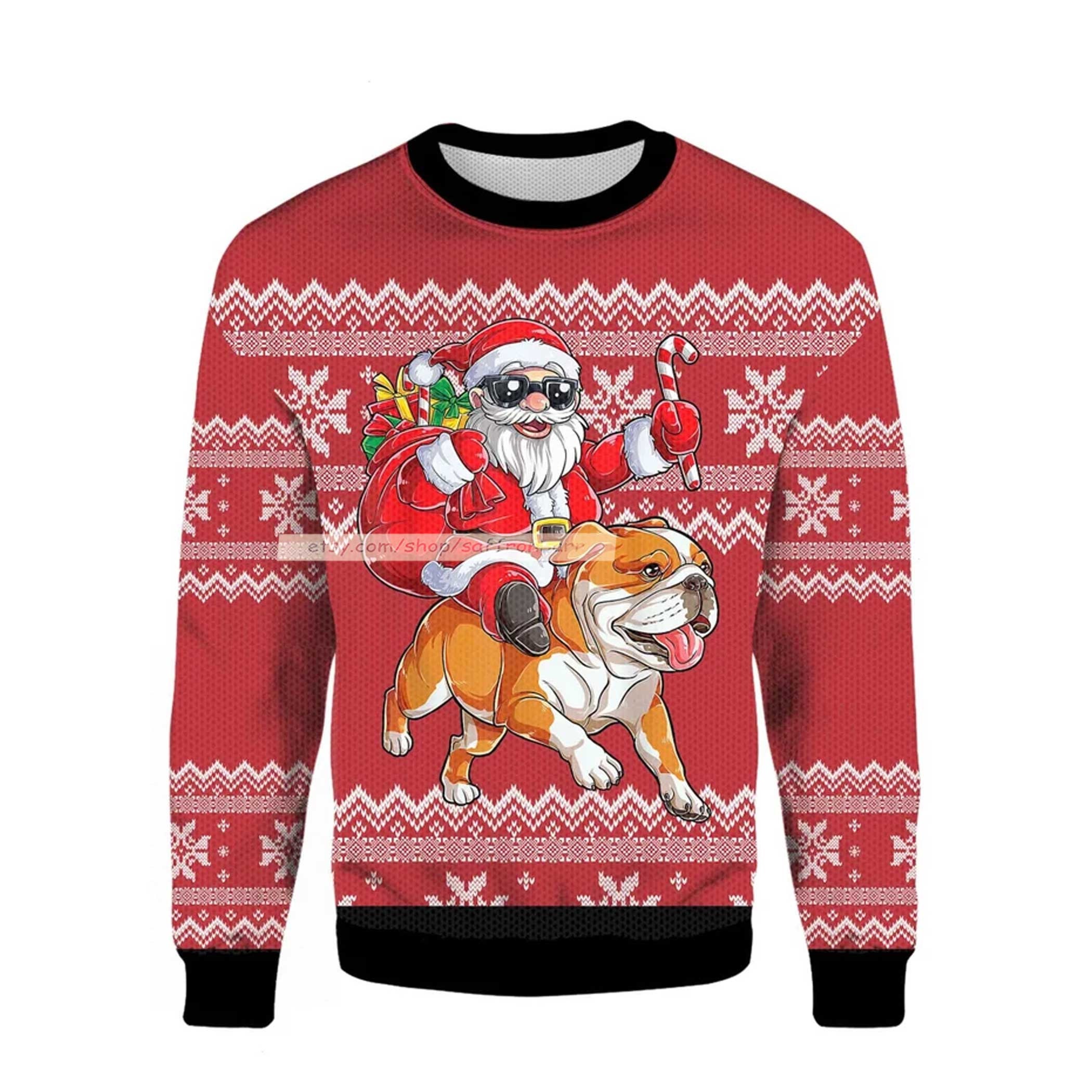 Santa Riding English Bulldog Ugly Christmas 3D Sweater Santa Riding English Bulldog Ugly Christmas 3D Sweater