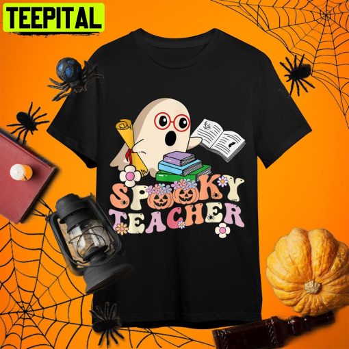 Spooky Teacher Groovy Ghost Halloween Teacher Retro Art Unisex T-Shirt