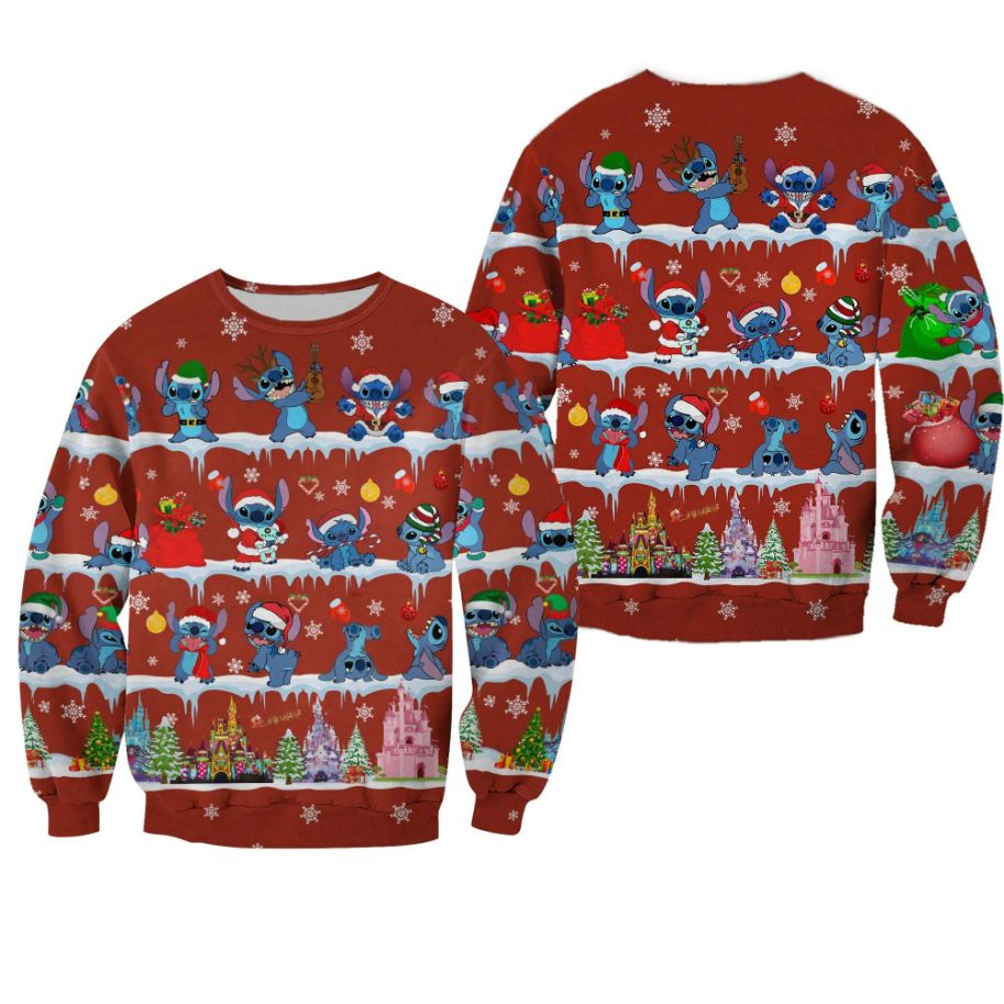 Stitch Pattern Xmas Red 2022 Christmas Disney Graphic Cartoon 3D Sweater Stitch Pattern Xmas Red 2022 Christmas Disney Graphic Cartoon 3D Sweater