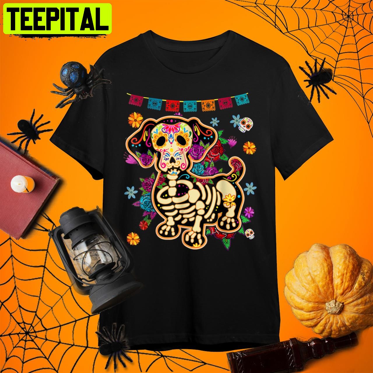 Sugar Skull Mexican Dachshund Bone Halloween Day Of Dead Retro Art Unisex T-Shirt Sugar Skull Mexican Dachshund Bone Halloween Day Of Dead Retro Art Unisex T-Shirt