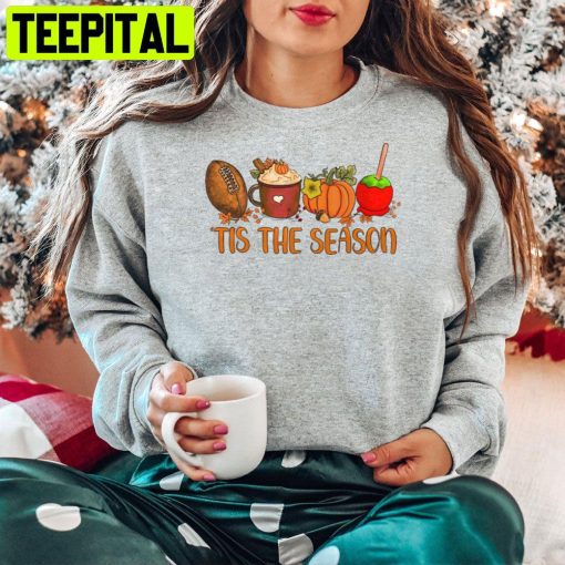 Tis The Season Pumpkin Leaf Latte Fall Thanksgiving Football Trending Unisex Hoodie