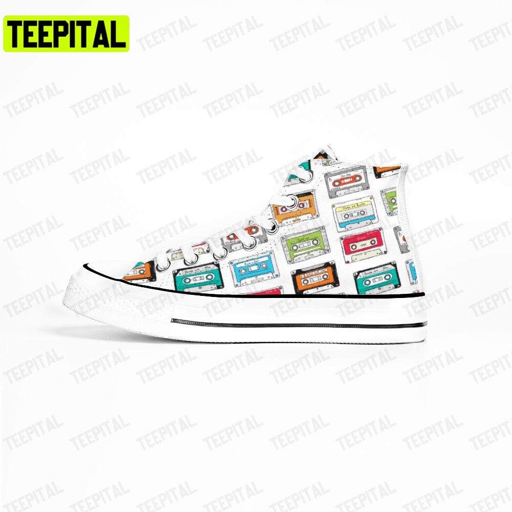90s Kassette Pattern Design Retro Style Adults High Top Canvas Shoes 90s Kassette Pattern Design Retro Style Adults High Top Canvas Shoes
