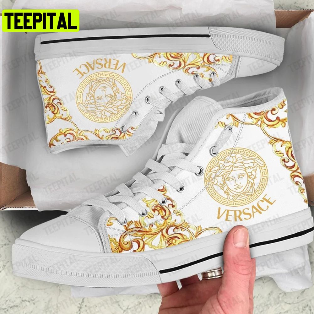 Gianni Versace Gold White Art Adults High Top Canvas Shoes Gianni Versace Gold White Art Adults High Top Canvas Shoes