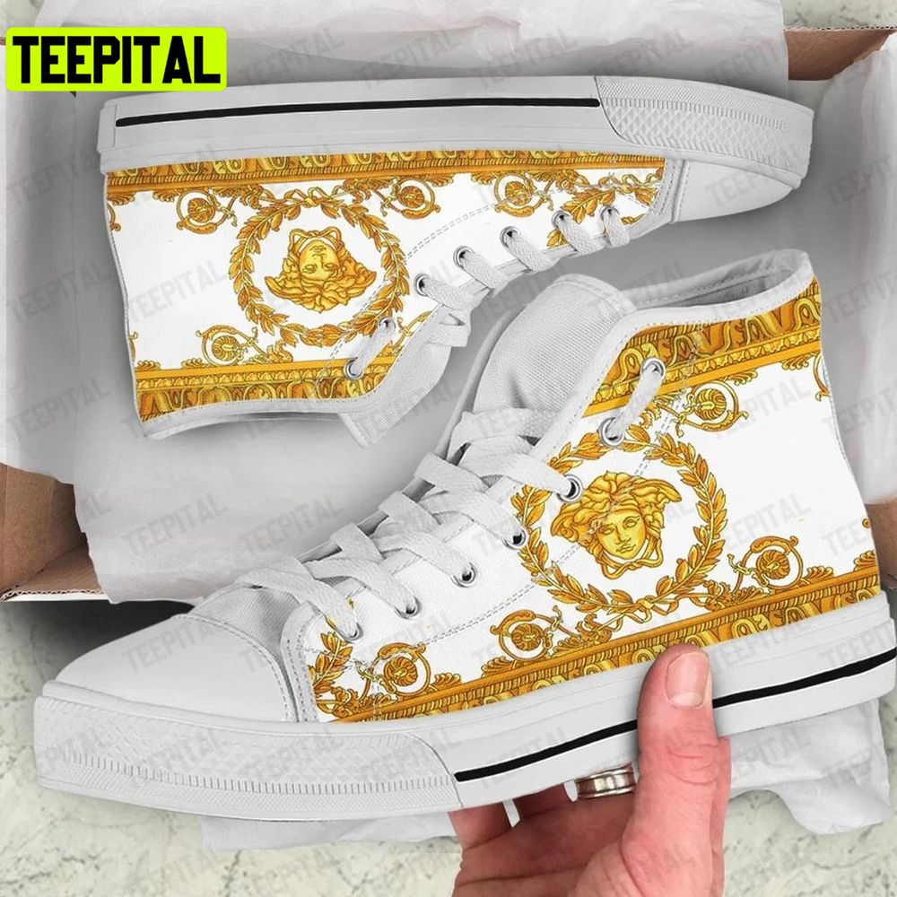 Gianni Versace White Gold Adults High Top Canvas Shoes Gianni Versace White Gold Adults High Top Canvas Shoes