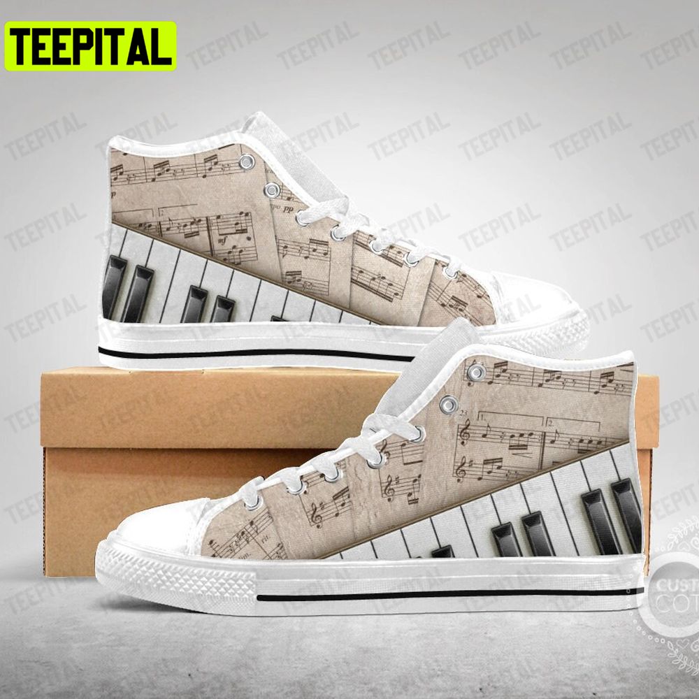 Piano With Sheet Music Adults High Top Canvas Shoes Piano With Sheet Music Adults High Top Canvas Shoes