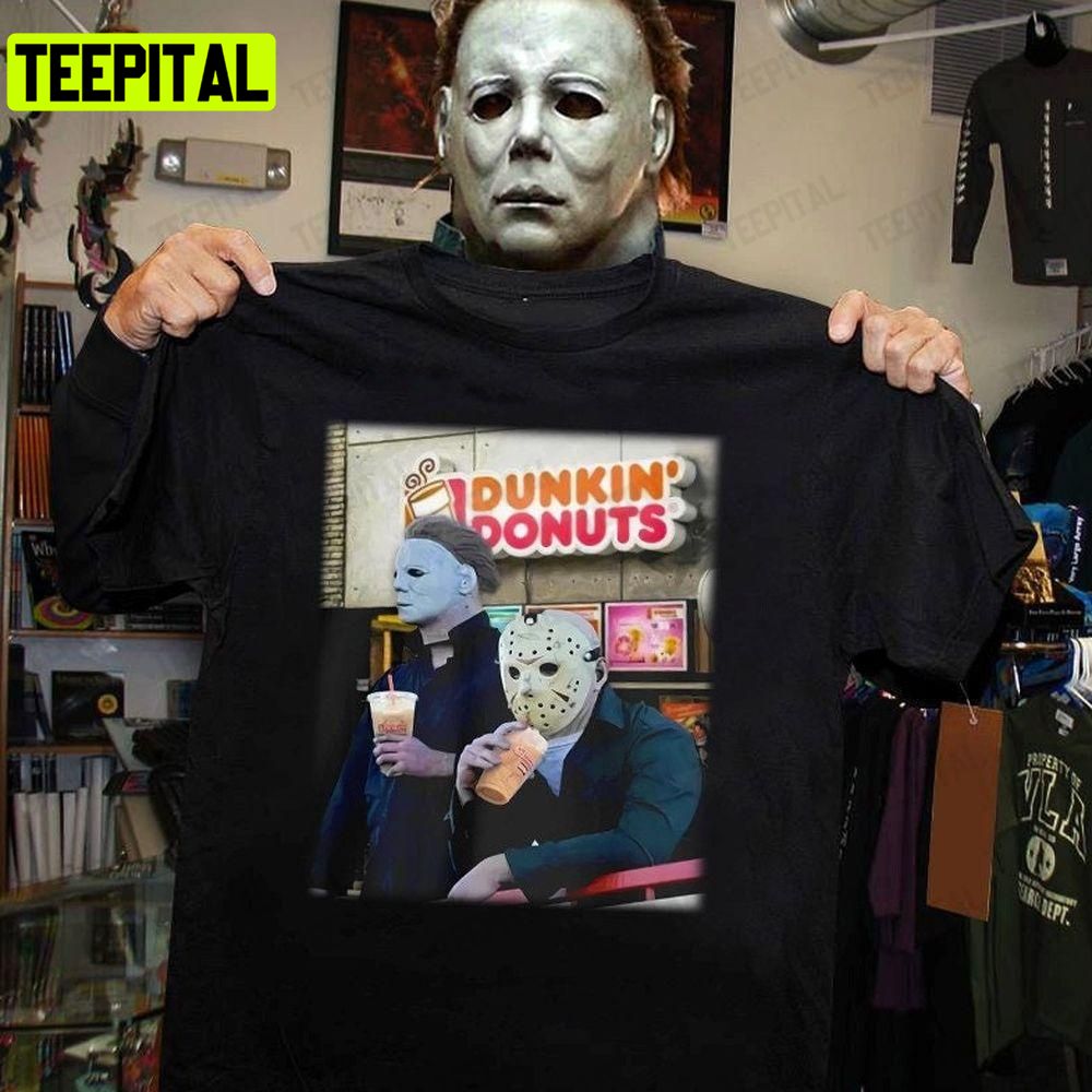 Funny Halloween Myers And Voorhees Drink Coffee Unisex T-Shirt Sweatshirt Hoodie Funny Halloween Myers And Voorhees Drink Coffee Unisex T-Shirt Sweatshirt Hoodie